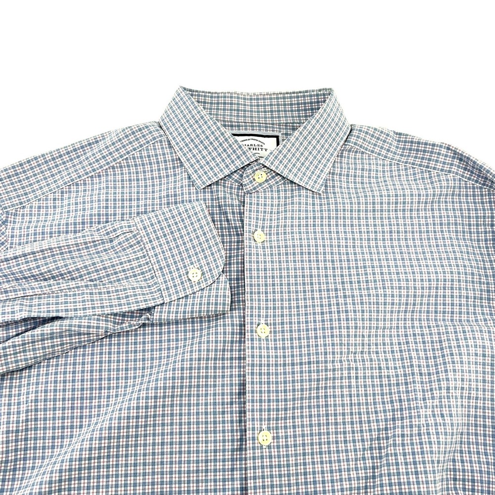 Charles Tyrwhitt Classic Fit Shirt 16.5 33 Blue Pink Plaid Cotton Long Sleeve